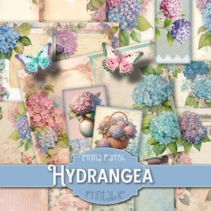 Hydrangea Junk Journal Printable Kit, Flowers, Vintage Shabby Floral, Digital Download, Pink,  Blue, Ephemera, Fussy Cuts, Cottage Garden
