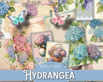 Hydrangea Junk Journal Printable Kit, Flowers, Vintage Shabby Floral, Digital Download, Pink,  Blue, Ephemera, Fussy Cuts, Cottage Garden