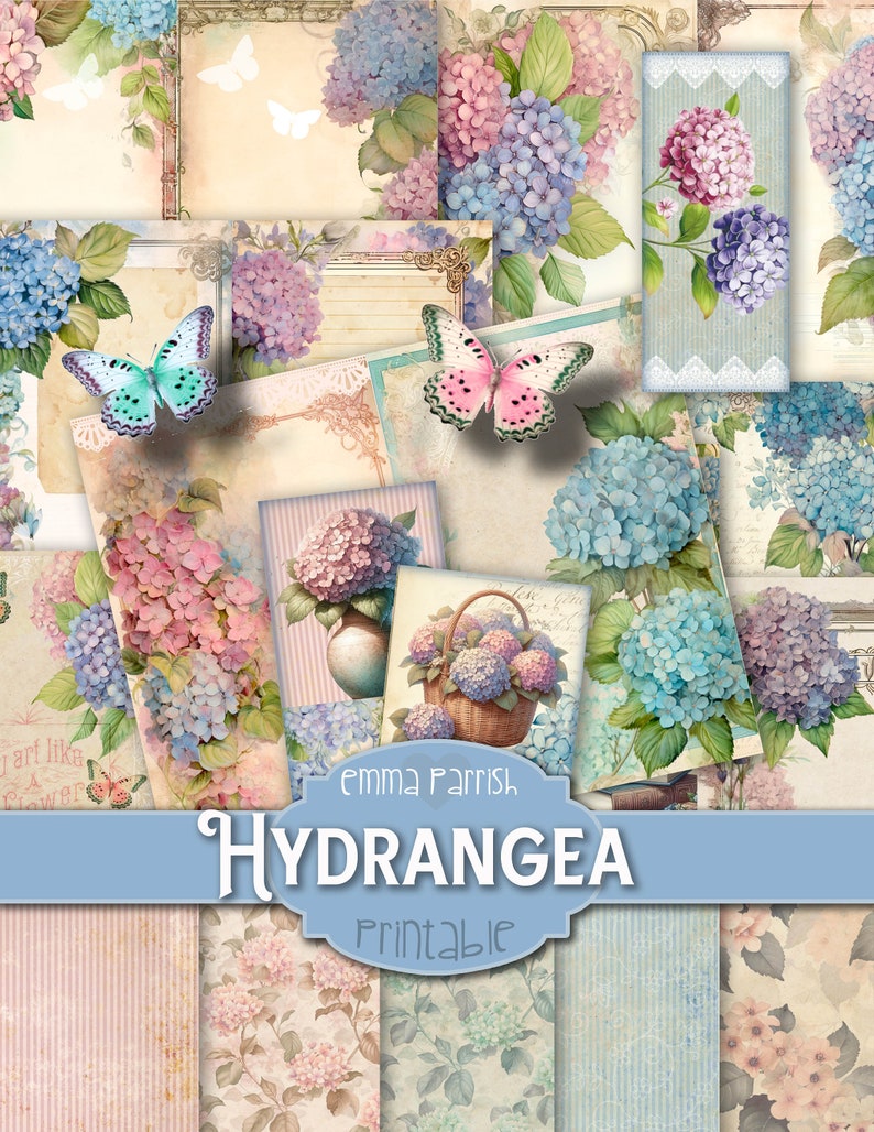 Hydrangea Junk Journal Printable Kit, Flowers, Vintage Shabby Floral ...