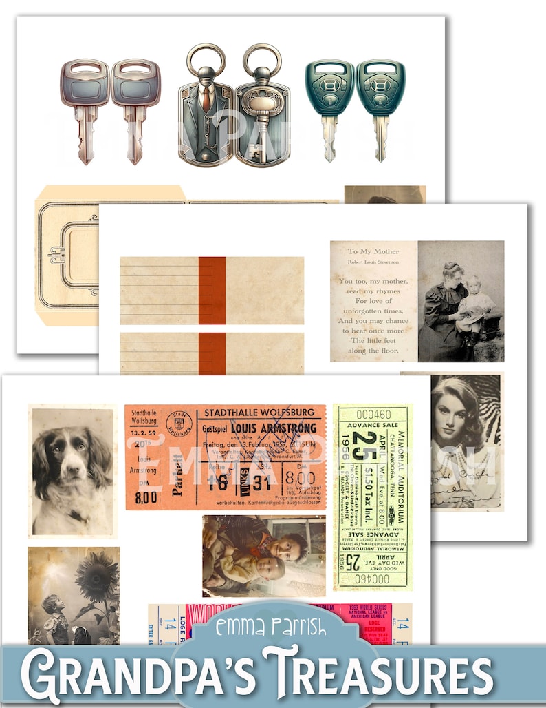 May include: A collection of vintage ephemera, including a poem titled "To My Mother", a ticket for a Louis Armstrong concert, a ticket for a performance at the Memorial Auditorium, and a photograph of a dog. The text "GRANDPA'S TREASURES" is printed at the bottom of the image.
