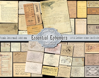 Op de afbeelding: Een verzameling vintage ephemera, waaronder tickets, bonnen, kaarten en handgeschreven notities, perfect om een ​​historische touch toe te voegen aan je junk journal of knutselprojecten. De ephemera is gedrukt op verouderd papier met een verweerde look en bevat tekst in het Frans en Engels.