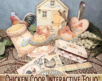 May include: A collection of paper craft items featuring a chicken coop structure, a rooster cutout, a sack of grain, a heart-shaped ornament with a hen, a basket of eggs, and an egg carton. The items include printed text like The Chicken Coop and Williams Poultry Food.
