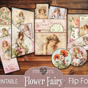 Flower Fairy Printable Junk Journal Topper, Fairies Flip Folio, Envelope, Tags, Cards, Vintage, Shabby, Fantasy, Download, Scrapbook Collage