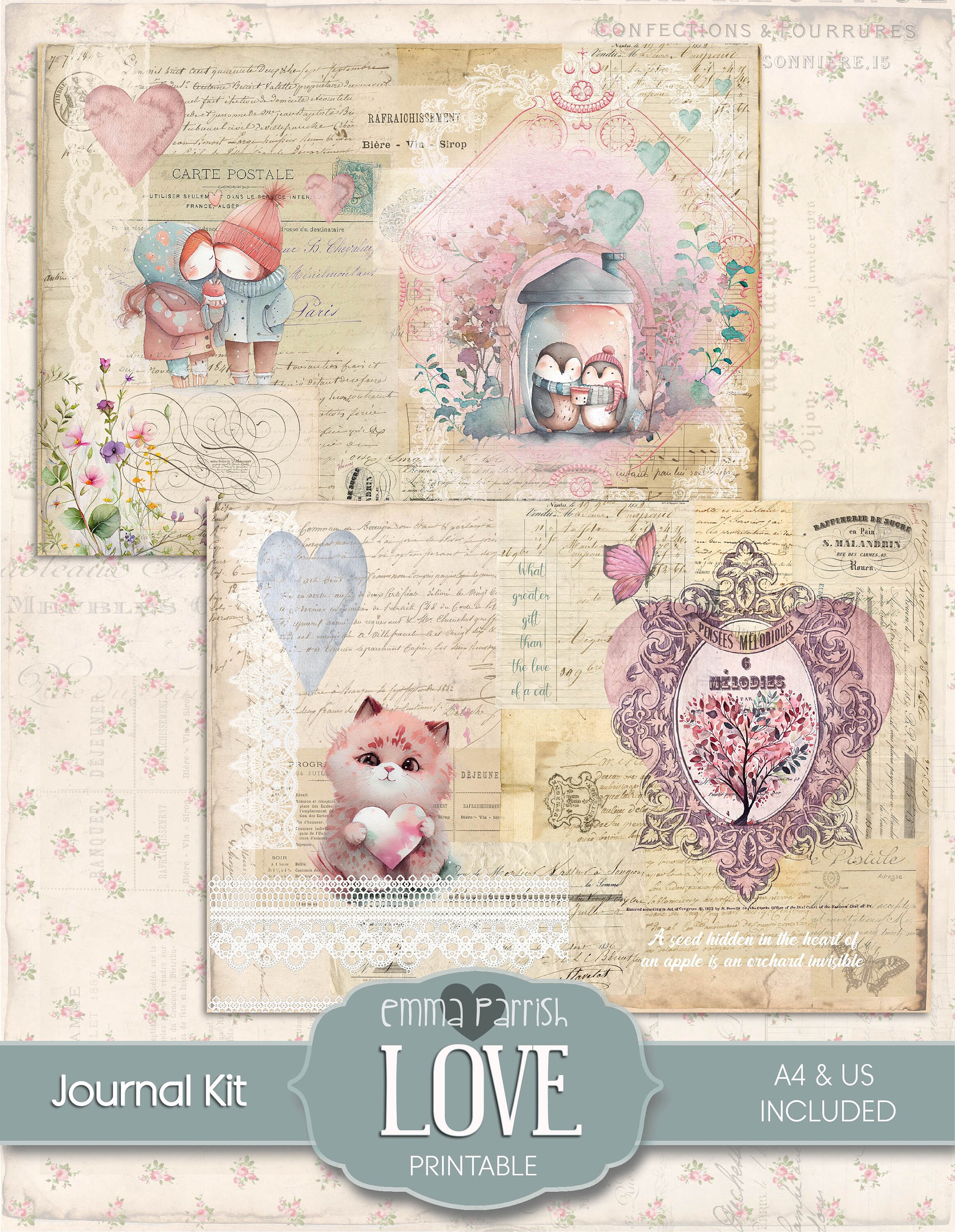 Love Junk Journal Kit, Cute, Pink, Watercolor, Fairy, Pastel