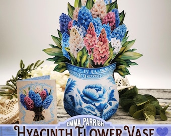 3D Pop-Up Flower Vase Card, Spring Hyacinths, Printable DIY Papercraft, Junk Journal Ephemera, Birthday, Mother's Day, Blue Pink, Cricut