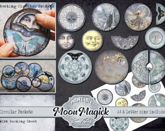 Moon Magic Printable journal, Pocket, Tags, Circular Pockets, Round Pockets, Witches, Witchcraft, Gothic Wicca, Pagan, Vintage Ephemera