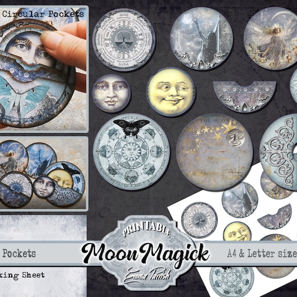 Moon Magic Printable journal, Pocket, Tags, Circular Pockets, Round Pockets, Witches, Witchcraft, Gothic Wicca, Pagan, Vintage Ephemera