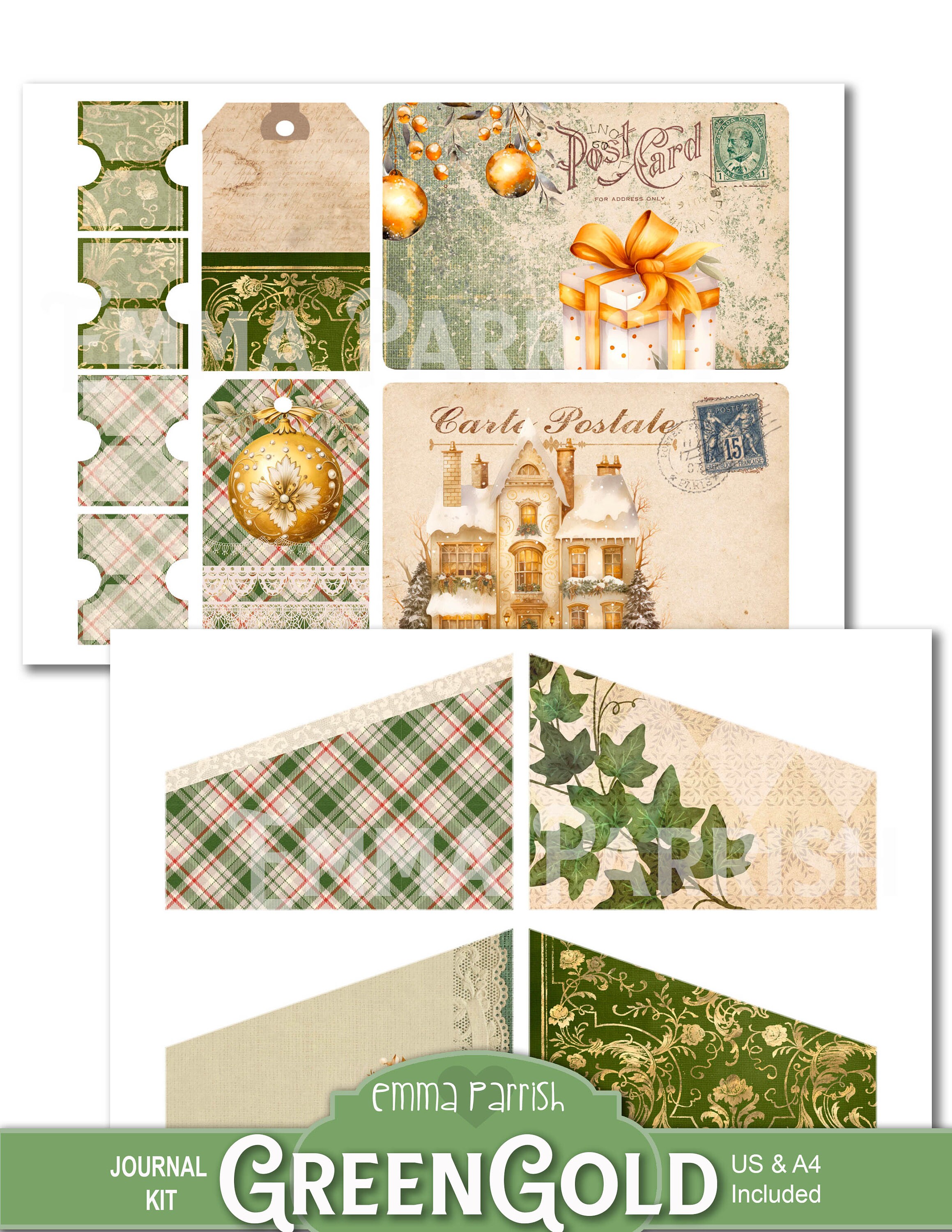 Printable Christmas Junk Journal Kit, Green & Gold, Vintage Holiday ...