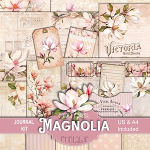 Magnolia Printable Junk Journal, Pink, Peach, Cream, Spring Flowers, Floral, Shabby Vintage Botanical, Ephemera Download, Scrapbook, Collage