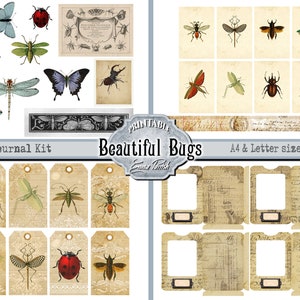 May include: A digital printable junk journal kit featuring vintage illustrations of bugs. The kit includes tags, frames, and a banner with the text "Beautiful Bugs".