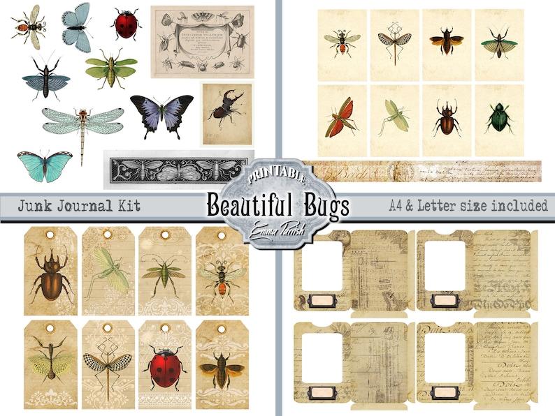 May include: A digital printable junk journal kit featuring vintage illustrations of bugs. The kit includes tags, frames, and a banner with the text "Beautiful Bugs".