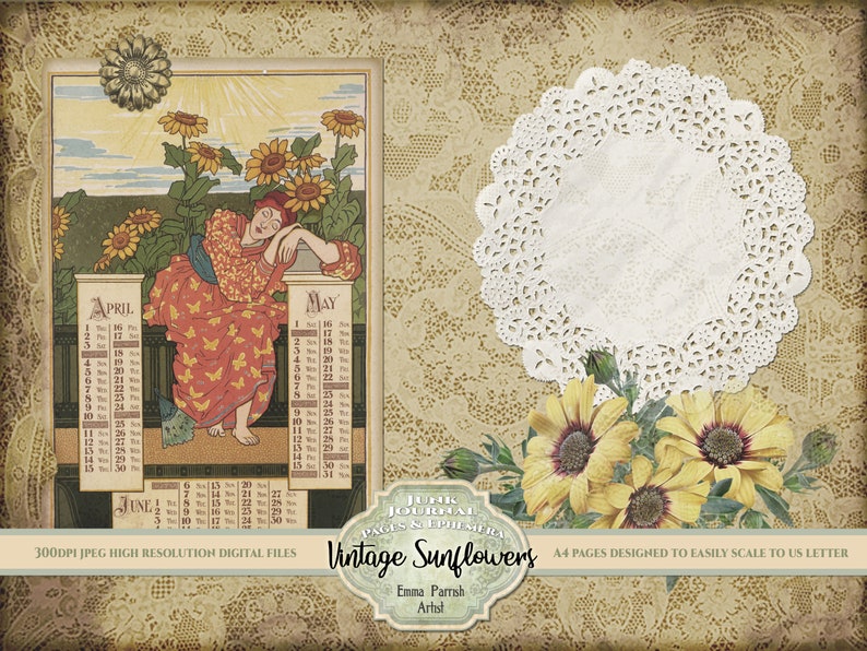 Junk Journal Vintage Sunflowers Digital Kit, Gingham Ephemera Scrapbook ...