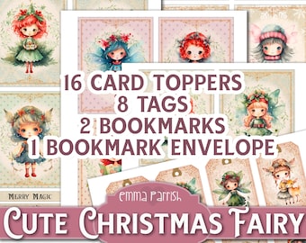 Cute Christmas Fairy Card Toppers, Fairy Journaling Cards, Tags, Bookmarks, Printable, Junk Journal Ephemera, Card Matting, Fairy Ephemera,