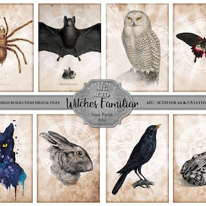 ACEO ATC Witches Familiar Junk Journal Card Making Tags Embellishments, Witch Art Trading Cards Digital Ephemera,Printable Instant Download