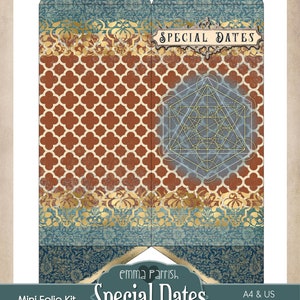 May include: Printable mini folio kit with a geometric design and the text "Special Dates" in a gold frame. The kit is designed for organizing special dates and includes A4 and US sizes.