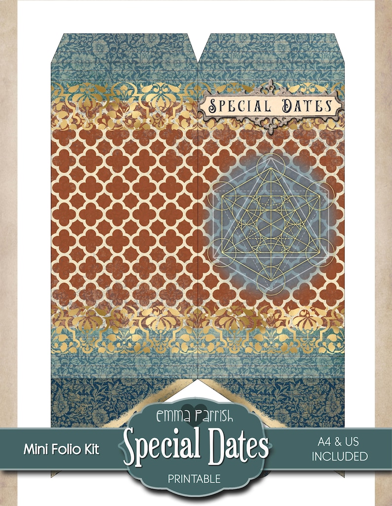May include: Printable mini folio kit with a geometric design and the text "Special Dates" in a gold frame. The kit is designed for organizing special dates and includes A4 and US sizes.