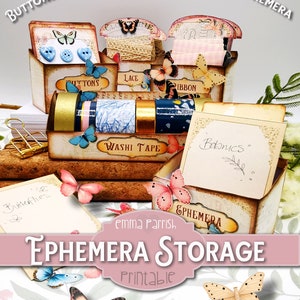 Junk Journal Ephemera Storage Organiser, Printable, CRICUT TESTED, Desk Tidy Box Set, Ribbon, Lace, Buttons, Washi Tape, Ephemera, Butterfly