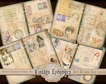 Vintage Ephemera Junk Journal Pages, Printable Vintage Paper, Shabby Digi Kit, Ephemera, Vintage Collage, Ephemera Digital Download
