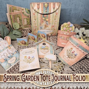 May include: A collection of spring-themed paper crafts, including a tote bag, flower pots, and a birdhouse. The designs feature floral patterns, snails, and gardening tools. The text on the items includes "Seeds", "Welcome", and "Spring Garden Tote Journal Folio Printables".