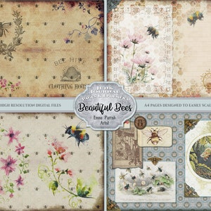 Beautiful Bees Junk Journal Printables Kit, Vintage Ephemera Scrapbook Collage, Creams, Blue, Insect, Nature, Honey Bee