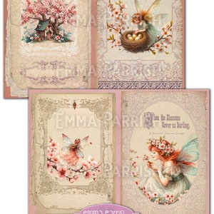 May include: A digital collage featuring four images of fairies in a cherry blossom setting. The images are framed with ornate borders and have a vintage aesthetic. The text "When the Blossoms Cover us Darling, A Beautiful Song and Legend" is included in one of the images.