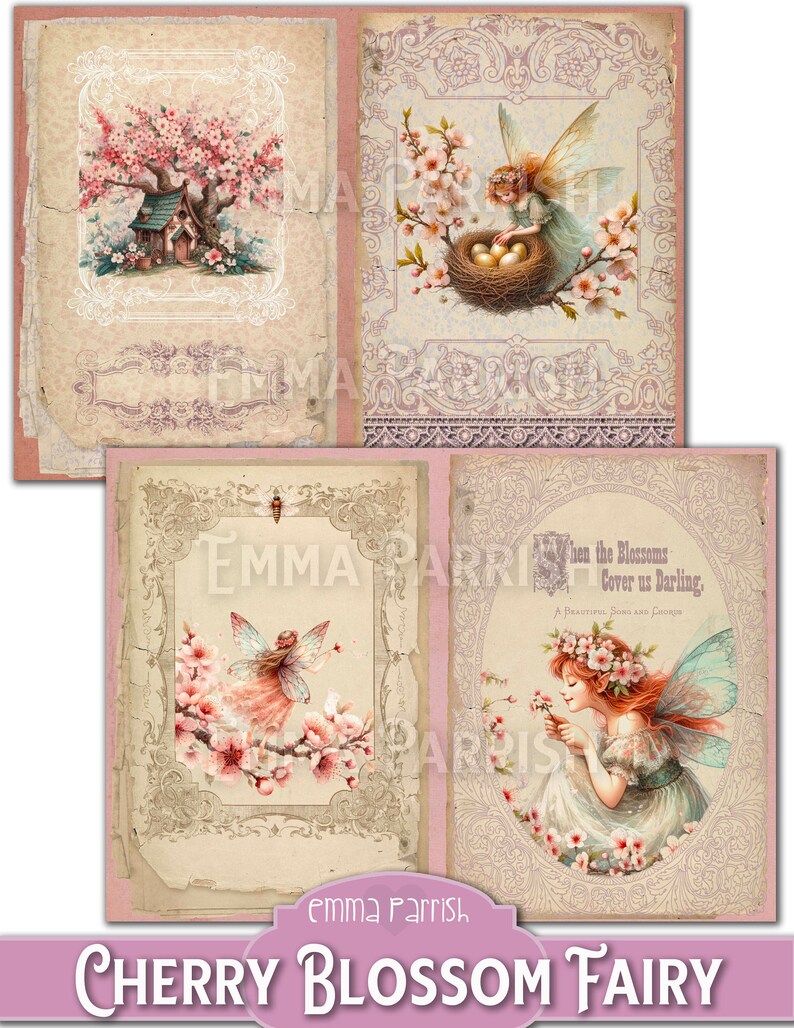 May include: A digital collage featuring four images of fairies in a cherry blossom setting. The images are framed with ornate borders and have a vintage aesthetic. The text "When the Blossoms Cover us Darling, A Beautiful Song and Legend" is included in one of the images.