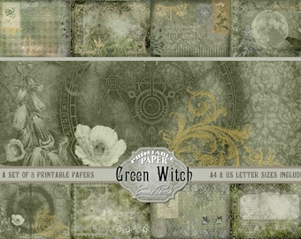 May include: A set of eight printable papers with a green witch theme. The papers feature floral, botanical, and celestial designs in shades of green, gold, and white. Includes A4 and US letter sizes.