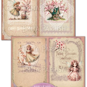 May include: A digital collage sheet featuring four images of fairies and cherry blossoms. The images are in a vintage style with a faded background and ornate frames. The text "Cherry Blossom Time" and "Falling Blossoms Summer Reverie" are included in the images.