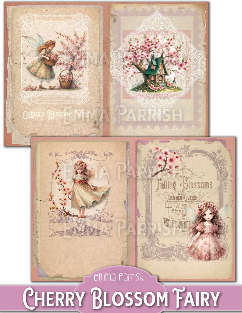 May include: A digital collage sheet featuring four images of fairies and cherry blossoms. The images are in a vintage style with a faded background and ornate frames. The text "Cherry Blossom Time" and "Falling Blossoms Summer Reverie" are included in the images.