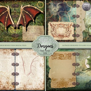 May include: A set of four digital printable pages featuring dragon wings, a dragon head, and a dragon flying in the sky. The pages are designed to be used for scrapbooking, journaling, or other paper crafts. The pages are high resolution and are designed to be easily scaled to US letter size.