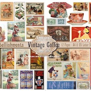 Efímeras imprimibles de Coffee Junk Journal, adornos de café, paquete de papel digital, hojas de collage de álbumes de recortes de café vintage, Coffee Journal