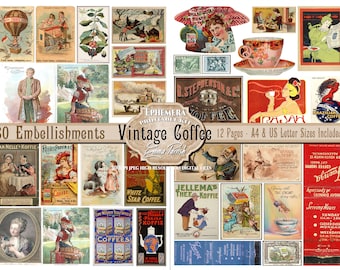 Kaffee Junk Journal druckbare Ephemera, Kaffee Verzierungen, digitales Papier, Vintage Kaffee Sammelalbum Collage Blätter, Kaffee Journal