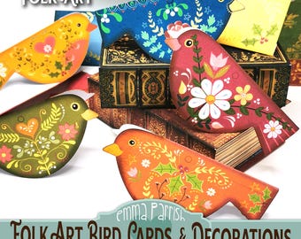 Folk Art Bird Greetings Cards, Printable Christmas Cards with Envelopes, Hand Drawn, Cricut, Papercraft Christmas Decorations, Tutorial