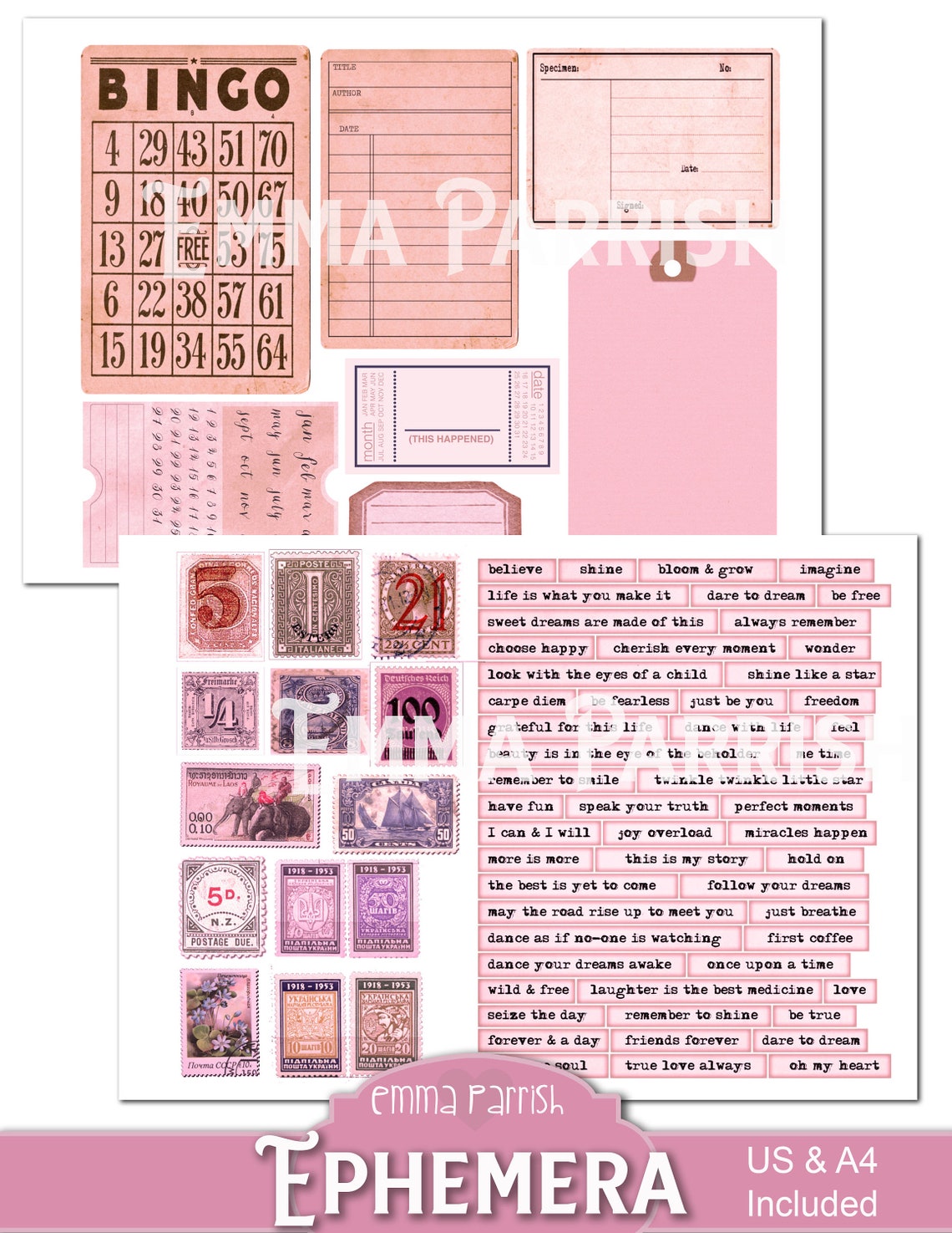 Pink Vintage Printable Ephemera Pack, Scraps, Junk Journal Kit Add On ...