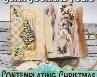 May include: A printable junk journal folio with a Christmas theme. The cover features a plaid pattern and a Christmas tree illustration. The inside of the folio has several pockets and tabs for storing photos, mementos, and other ephemera. The title "Contemplating Christmas" is printed on the front of the folio.