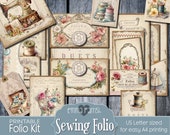Junk Journal Printable, Sewing Folio, Seamstress, Vintage Ephemera, Trifold Loaded Folder, Sewing machine, Printable, Flowers, Fabric, Lace