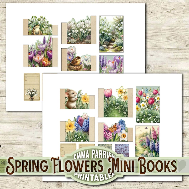May include: Printable mini books featuring spring flowers. The pages include images of flowers, a bird, a rabbit, and a butterfly. The title of the printable is "Spring Flowers Mini Books Printables" by Emma Parrish.