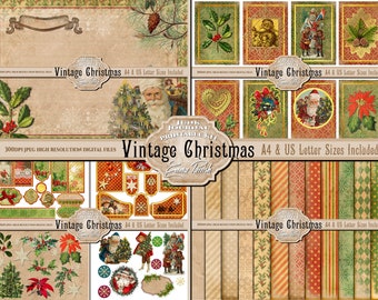 Vintage Christmas Junk Journal Kit, Printable Christmas Cards, Christmas Digital Paper set, Printable Christmas Craft Gift Scrapbook Collage