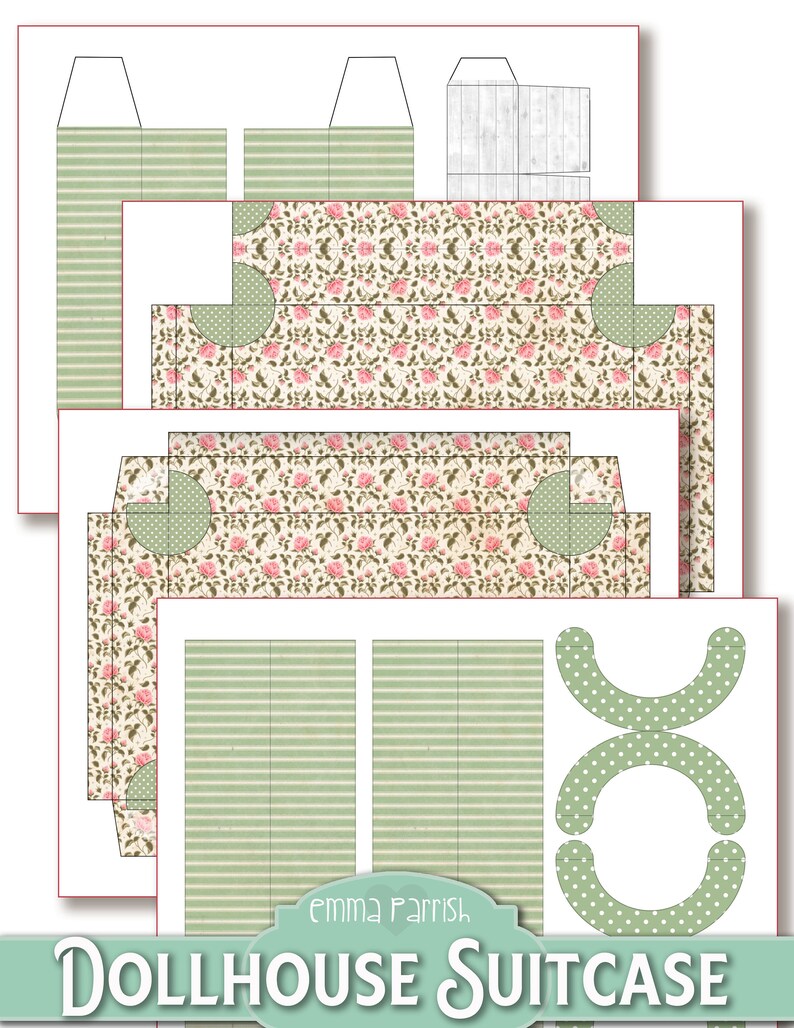 May include: Printable dollhouse suitcase template with a green and white striped pattern, a floral pattern, and a green and white polka dot pattern. The template includes instructions for assembling the suitcase. "emma Parrish, Dollhouse Suitcase"