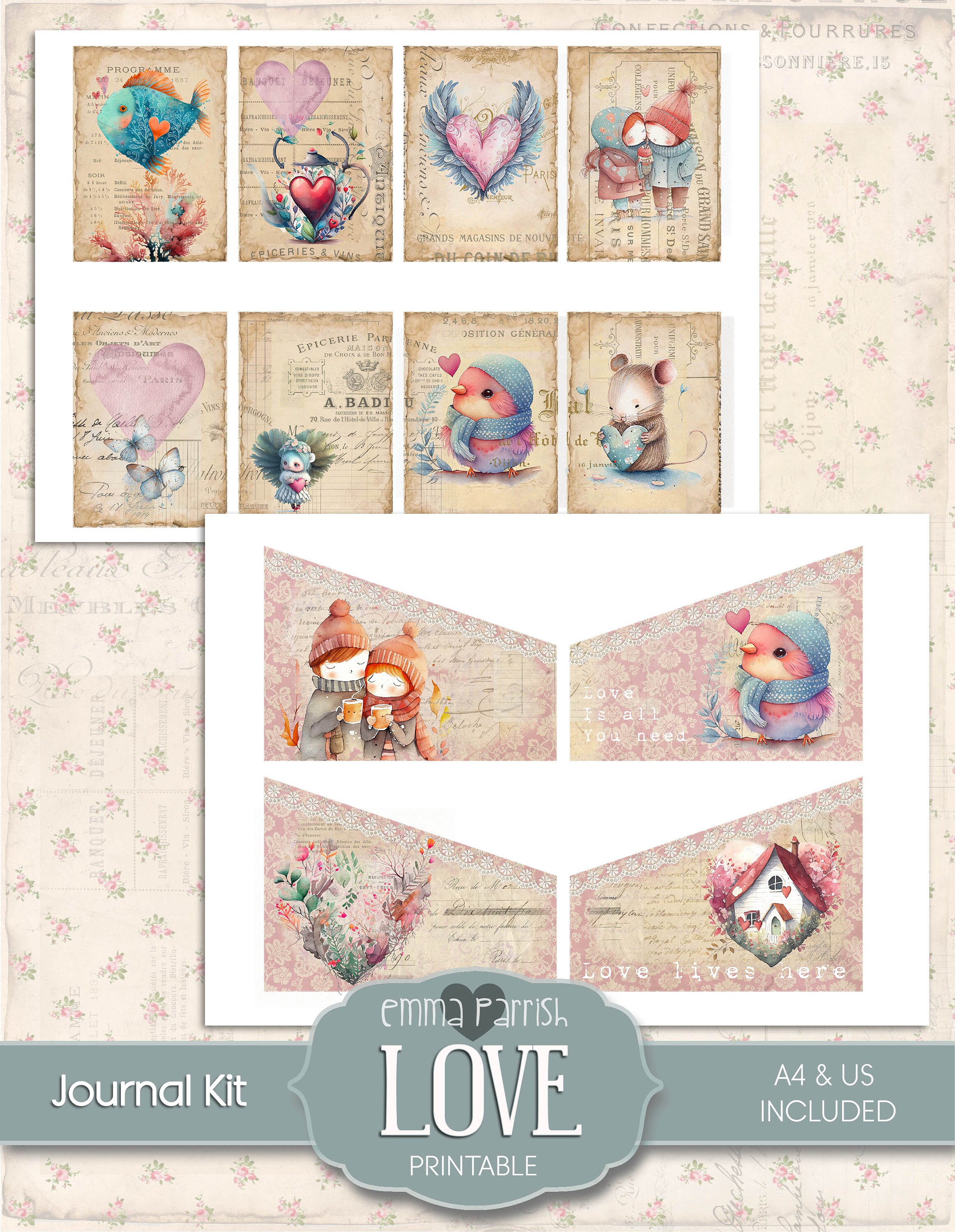 Love Junk Journal Kit, Cute, Pink, Watercolor, Fairy, Pastel