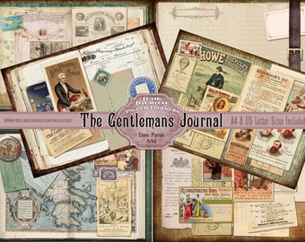 Kit imprimable Mens Junk Journal, kit de collage de journal victorien vintage, artisanat en papier numérique imprimable, cadeau papercraft d’écriture de bricolage pour hommes