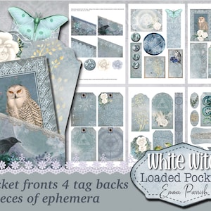 May include: A digital collage kit with 32 pieces of ephemera, including images of owls, butterflies, flowers, and other nature-inspired elements. The kit is designed for use in scrapbooking, card making, and other paper crafts. The text "White Witch Loaded Pockets, Emma Parrish" is included in the image.