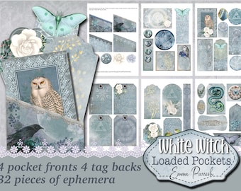 May include: A digital collage kit with 32 pieces of ephemera, including images of owls, butterflies, flowers, and other nature-inspired elements. The kit is designed for use in scrapbooking, card making, and other paper crafts. The text "White Witch Loaded Pockets, Emma Parrish" is included in the image.