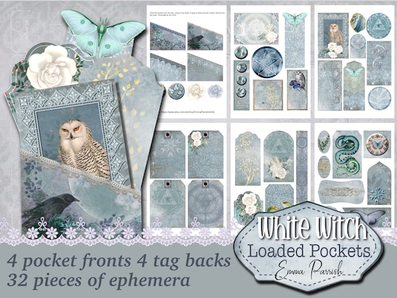 White Witch Printable Loaded Pockets, Witch Junk Journal kit add on, Gothic Printable Paper Printable, Card Making, Blue White Magic Folio