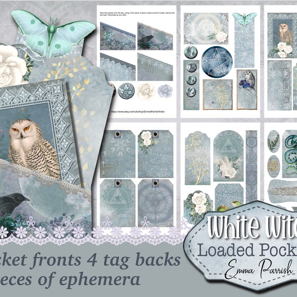 White Witch Printable Loaded Pockets, Witch Junk Journal kit add on, Gothic Printable Paper Printable, Card Making, Blue White Magic Folio