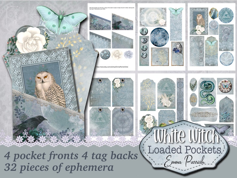 May include: A digital collage kit with 32 pieces of ephemera, including images of owls, butterflies, flowers, and other nature-inspired elements. The kit is designed for use in scrapbooking, card making, and other paper crafts. The text "White Witch Loaded Pockets, Emma Parrish" is included in the image.