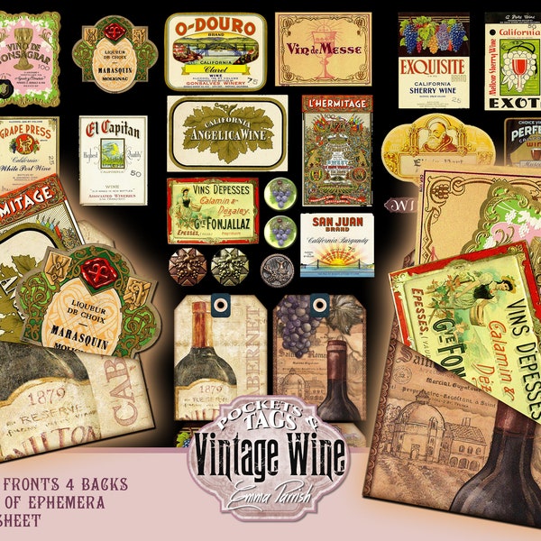 Vintage Wine Junk Journal Loaded Pocket Tags, Vintage Wine labels Ephemera Pack, Vintage Wine Printable Paper Envelope, Digital Scrapbook