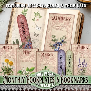 Monthly Herbal Book Plates, Junk Journal Printable Supplies, Vintage Herb Calendar, Pagan, Witch, Digital Download