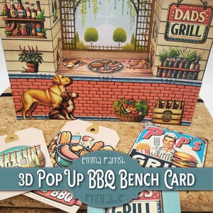 Pop Up BBQ Bench Card, Male Mens Blue Cards, Dad, Grandad, Pops, Cricut PNG, Barbeque Printable, Papercraft, Junk Journal Insert