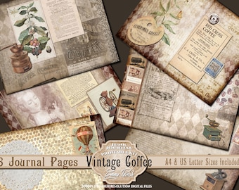 Op de afbeelding: Zes vintage-stijl journalpagina's met een koffie-thema. De pagina's bevatten afbeeldingen van koffiebonen, koffiemolens en koffieplanten. De tekst op de pagina's omvat "Leverings Coffee", "Red Cross Coffee" en "As Planted".